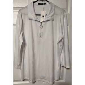 VDJ Womens White Quarter Zip Long Sleeve Collared Top O-Ring Zipper XL NEW